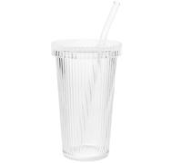 GOOHOCHY Gobelet à Paille en Verre avec Couvercle et Motif Rayé Vertical, Capacité 400ml, Facile à Nettoyer, pour Jus et Thé Lait la Maison Bureau