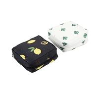 GOOHOCHY Lot De 2 Mini Pochettes Imperméables pour Serviettes Hygiéniques Et Cosmétiques, Format Compact, Tissu Sergé, Motifs Cactus Beige Et Citron Noir, Rangement Voyage pour Femmes Et Étudiantes