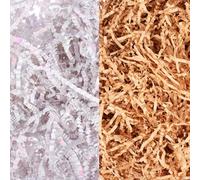 GOOHOCHY Lot de 2 Paquets de Papier de Remplissage Froissé en Raphia Coloré Blanc Éclatant et Café Clair, pour Boîte Présent, Garnitures de Panier, Accessoires D’emballage pour Noël