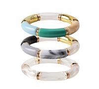 GOOJIDS Bracelet Simple Perlé Plaqué Or - Bracelets Bague Épais Tube Bambou Courbé Empilables Perles Acrylique Transparente Multicolore - Ensemble de Bracelets Plaqué Or Extensibles pour Femme, 6.6