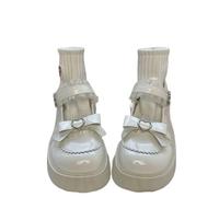 Goolecrimp Chaussures à plateforme gothiques Y2K Kawaii Harajuku pour femmes, bout rond talons épais boucle en forme de cœur, bordure en dentelle noire Mary Jane (Beige,35)