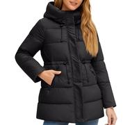 Goolecrimp Doudoune chaude à capuche mi-longue à la mode pour femmes couleur unie élégant définissant la taille coupe ajustée, col montant, manteau matelassé, parka de neige (noir,S)