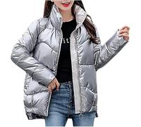 Goolecrimp Doudoune d'hiver Chaude à Manches Longues et Fermeture éclair pour Femme col Montant matelassée Courte Ample avec Poches imperméable Brillante (Argent,XXL)