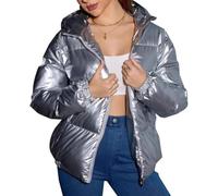 Goolecrimp Doudoune d'hiver Chaude et Brillante à Capuche pour Femme avec Poches Doudoune épaisse matelassée légère à Manches Longues et Brillante pour l'hiver (Argent,M)