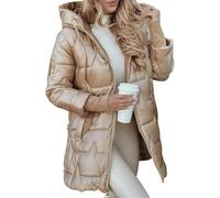 Goolecrimp Doudoune d'hiver mi-longue matelassée chaude à capuche pour femme parka longue à capuche chaude et brillante doudoune à capuche mi-longue coupe-vent (Grand,Champagne)