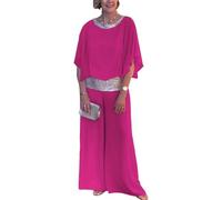 Goolecrimp Femmes Elegant Suit Wedding Guest Dinner Cocktail Chiffon Irregular Cuff Set Summer Casual Loose Sequin Color Blocking Ruffle Top (Rose,XXL)