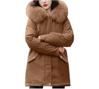 Goolecrimp Manteau d'hiver à Capuche avec Cordon de Serrage pour Femme Parka mi-Longue épaisse et rembourrée Ample Grande Taille Manteau d'hiver Long à Capuche (Café,L)