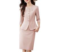 Goolecrimp Mode d'été pour femmes : blazer à volants à manches 3/4 associé à une jupe crayon jusqu'aux genoux. Costume d'affaires ; Ensemble jupe et veste pour animatrice/oratrice. (Rose,S)