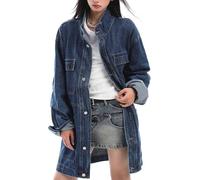 Goolecrimp Mode printanière classique pour femme : Veste en jean droite à coupe décontractée et multiples poches - Trench-coat en jean mi-long pour tenue de soirée (Bleu foncé,3TG)