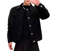 Goolecrimp Veste en jean en strass à la mode pour hommes, coupe ajustée, bouton en strass étincelant, veste en jean surdimensionnée à manches longues, streetwear (Noir,M)