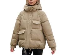 Goolecrimp Women's Winter Hooded Down Jacket with Warmth Short-Length Thick Coat with Zippered Pockets College Student Party & Gathering Streetwear (Khaki,TTG)