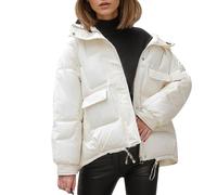 Goolecrimp Women's Winter Hooded Down Jacket with Warmth Short-Length Thick Coat with Zippered Pockets College Student Party & Gathering Streetwear (White,TTG)