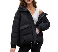 Goolecrimp Women's Winter Hooded Down Jacket with Warmth Short-Length Thick Coat with Zippered Pockets College Student Party & Gathering Streetwear (Black,S)