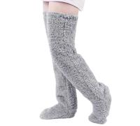 Goose down Knee Socks for Christmas, Plush Over the Knee Long Tube Sock, Winter Leg Warmers, Soft Cozy, for Women Sleeping (Light Gray)