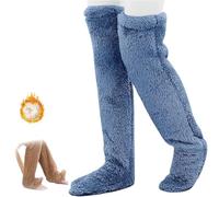 Goose Down Knee Socks for Christmas,Soft Cozy Long Fuzzy Thigh High Socks,Plush Over The Knee Tube Slipper Sock (FR/ES, Alpha/lettres, Taille unique, Taille normale, Taille normale, Blue)