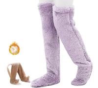 Goose Down Knee Socks for Christmas,Soft Cozy Long Fuzzy Thigh High Socks,Plush Over The Knee Tube Slipper Sock (FR/ES, Alpha/lettres, Taille unique, Taille normale, Taille normale, Purple)