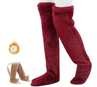 Goose Down Knee Socks for Christmas,Soft Cozy Long Fuzzy Thigh High Socks,Plush Over The Knee Tube Slipper Sock (FR/ES, Alpha/lettres, Taille unique, Taille normale, Taille normale, Red)