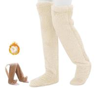 Goose Down Knee Socks for Christmas,Soft Cozy Long Fuzzy Thigh High Socks,Plush Over The Knee Tube Slipper Sock (FR/ES, Alpha/lettres, Taille unique, Taille normale, Taille normale, Off White)