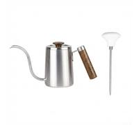 Gooseneck Cafetière en acier inoxydable 304 avec poignée en bois et thermomètre, 600 ml pour une infusion précise, long bec verseur 6,5 mm (600 ml argenté/blanc)