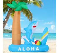 GOOSH Requin gonflable d'été de 2,3 m avec palmier, planche de surf et ballon de plage, décoration d'extérieur gonflable avec lumières LED pour fête sur la plage hawaïenne, jardin, pelouse