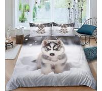 GOOSMI Little Husky Parure De Lit 3D Imprimé, Housses De Couettes E avec Fermeture À Glissière avec Taie d'oreiller, Puppy in The Snow Housse De Couette Microfibre pour Adulte Enfant King(220x240cm)