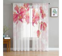 GOPEO Rideaux Transparents en Tulle avec Branche d'orchidée, Fleur Rouge, Art Aquarelle, pour Salon, Chambre à Coucher, décoration de Cuisine, Voile en Organza