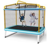 GOPLUS 1,80m Trampoline Extérieur pour Enfants avec Balançoire & Barre Horizontale, Trampoline Rectangulaire Cadre en Métal avec Filet de Sécurité, Fermeture Éclair en Forme de L pour 3 Ans+