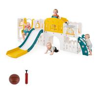 GOPLUS 10 en 1 Toboggan Interieur Exterieur Enfants Balançoire, Panier de Basket, Aire de Jeux Enfants en Plastique, Cabane de Jardin avec Echelle, 252 x 150 x 102CM, pour 1 Ans+ (Bleu+Jaune)
