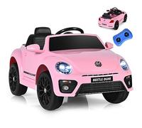 GOPLUS 12V Voiture Electrique Enfants Coccinelle avec Télécommande 2,4G, Véhicule Électrique Enfant 1 Place 3-8 Ans Beatles avec LED/USB, 3-5 KM/H (Rose)