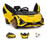 GOPLUS 12V Voiture Electrique Enfants Lamborghini avec Télécommande 2,4G,Véhicule Electrique Enfants 3-8 Ans avec Portes Papillon LED/Musique/USB,3-5 KM/H,Charge 25KG(Jaune)