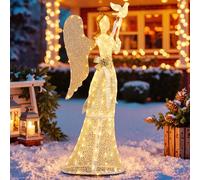 GOPLUS 165 CM Ange Noël Illuminé avec 150 Lumières LED Blanc Chaud, Décoration Noel Exterieure Lumineuse avec Pigeon, Halo Divin, Ailes et Nœud Papillon, Piquets de Sol, pour Maison, Jardin