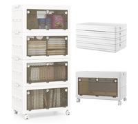 GOPLUS 168L 4 Boîtes de Rangement Pliables avec Couvercle-Tiroirs Empilables à 3 Modes d'Ouverture avec Roues-54x33x117 5CM