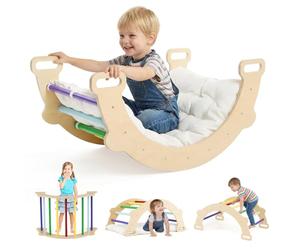 GOPLUS 2 en 1 Arche MontessoriEnfant Bois, Cheval à Bascule avec Coussin Souple, Arche Escalade Jeu d'Équilibre d'Entraînement, Charge 50KG, pour 1 an+ (Muticolore,50,5x81x38CM)