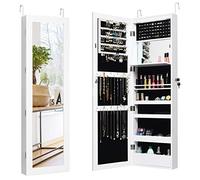 GOPLUS 2 en 1 Armoire à Bijoux avec Miroir, Organisateur de Bijoux Mural avec Lumières LED Automatiques, Armoire de Rangement Cosmétiques Verrouillable pour Chambre, Vestiaire (Blanc)