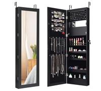 GOPLUS 2 en 1 Armoire à Bijoux avec Miroir, Organisateur de Bijoux Mural avec Lumières LED Automatiques, Armoire de Rangement Cosmétiques Verrouillable pour Chambre, Vestiaire (Noir)