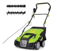 GOPLUS 2 en 1 Déchaumeuse Scarificateur Electrique 2000W, Largeur de Travail 40cm, 3500rpm, 5 Profondeurs Réglables, 3 Hauteurs Poignée, Sac 55L Amovible, Râteau Electrique Pliable Pelouse 800㎡ (Vert)