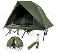 GOPLUS 2 en 1 Lit de Camping Pliant 2 Personne Adultes 194 x 145 x 46 CM, Tente Pliante avec Auvent 194 x 150 x 122 CM, Tente Surélevée Portable avec Corde Coupe-Vent, Charge 300KG, Vert