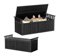 GOPLUS 209 L Coffre de Jardin Exterieur en Bois Sapin, Coffre de Rangement Exterieur avec Accoudoirs, Couvercle Rabattable et Rangement Caché, Charge 100 KG,Terrasse (Noir,128 x 58 x 53 CM|209L)