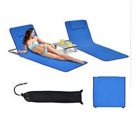 GOPLUS 2PCS Matelas de Plage Réglable à 5 Positions avec Table Basse, 2 Tapis de Plage avec Appuie-têtes, Table d’Appoint Portable, Conception Pliable, Idéal pour Patio, Piscine, Terrasse (Bleu)