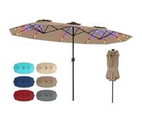 GOPLUS 3,8M Grand Parasol Double avec 3 Toits, Parasol de Jardin Exterieur avec Manivelle, Large Zone d'Ombre, Bonne Protection Solaire, pour Patio, Bord de Piscine, Balcon (3,8x2MxLED,Marron)
