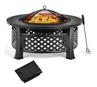 GOPLUS 3-en-1 Braséro Extérieur Jardin Rond, Foyer avec Grille de Barbecue, Pare-étincelles, Grille à Bûches, Poker, Housse Anti-Pluie, pour Extérieur Jardin, Patio, Camping, Pique-Nique,81 x 50 cm