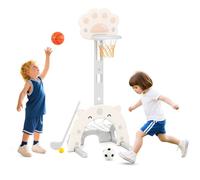 GOPLUS 3 en 1 Panier Basket Enfant avec Jeu de Football et Golf, Jeux de Basket pour 3+ Ans, Hauteur Réglable de 90-130 CM, pour Intérieure, Inclus Basketball, Football (Gris,65 x 49 x 130-151 cm)
