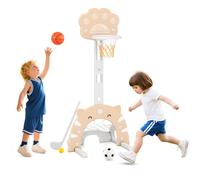 GOPLUS 3 en 1 Panier Basket Enfant avec Jeu de Football et Golf, Jeux de Basket pour Garçons Filles 3+ Ans, Hauteur Réglable de 90-130 CM, Utilisation Intérieure, Inclus Basketball, Football (Rose)