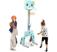 GOPLUS 3 en 1 Panier de Basketball avec But de Football et Jeu d’Anneaux pour Enfants 1-6 Ans avec 5 Positions Réglables 88-128CM, Ballon de Basket et de Foot, Anneaux Inclus (Bleu)