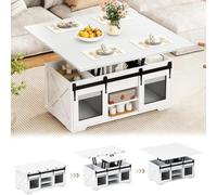 GOPLUS 3 en 1 Table Basse Relevable, Table Basse Extensible Rustique avec Plateau Relevable, 2 Portes Coulissantes, 3 Compartiments Cachés et Étagères, pour Salle Manger (Blanc,105x108x66,5CM)