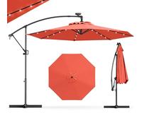 GOPLUS 3M Parasol Deporte avec 32 LED Solaires, Parasol de Jardin Extérieur 8 Baleines avec Tissu Protection Solaire, Inclinable Rotatif à 360° pour Patio, Terrasse, Base Non Incluse (Orange)