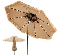 GOPLUS 3M Parasol en Paille PE avec 32 LED Solaires, Parasol Hawaïen Tropical avec Double Toit Inclinable, 8 Baleines, 9 Couches, Manivelle, Anti-UV, Manivelle, pour Jardin Patio Plage