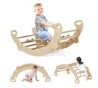 GOPLUS 4 en 1 Arche Escalade Montessori Enfants, Cheval à Bascule en Bois Tunnel Rampant, Siège et Poignée et Dossier Amovibles, pour Bébés 1-5 Ans,Charge 50KG (Naturel,52x112x41CM)