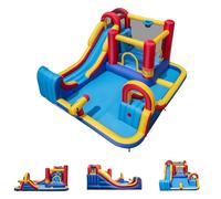 GOPLUS 4 en 1 Château Gonflable Vague, Aire de JeuxGonflable en Tissu Oxford avec Double Toboggan, Canon à Eau, Mur d'escalade, Panier, Piscine à Balles et Filet, Charge 90KG (Vague sans Souffleur)