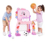 GOPLUS 4 en 1 Panier Basket Enfant Interieur, Exterieur, Style Dinosaure | Jouets pour Enfants avec Basketball, Football, Golf, Anneaux, Hauteur Réglable 62-70CM avec Anneaux, Son et Lumière
